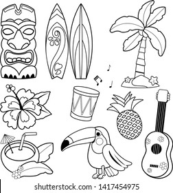 Hawaiian set of objects. A toucan bird, tiki mask and other summer island vacation objects. Black and white coloring page.