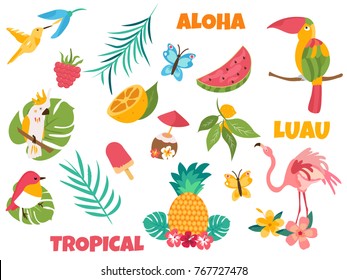 Conjunto hawaiano de aves y elementos tropicales. Elementos tropicales de Aloha. Aves exóticas, hojas tropicales