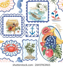 Hawaiian shack, girl, boat, wave, sea, frame, sailboat, palms, anchor, crab, island, hibiscus flower, leaf, sea horse, aloha, exotic fruit on the plate seamless pattern. Summer patchwork wallpaper.