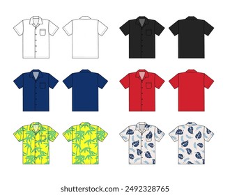 Hawaiian shirt (aloha shirt) vector template illustration set