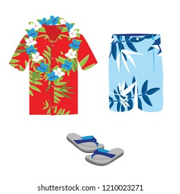 Hawaiian shirt, beach summer shorts, flower necklace and flip flops. Vector flat cartoon set of clothes isolated on white background.