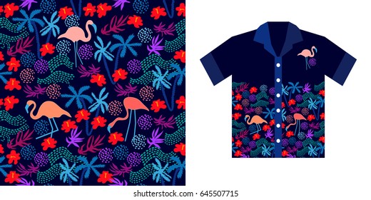 Hawaiian shirt design. Tropical print with palms, flowers and birds on dark blue background. Beach textile collection.