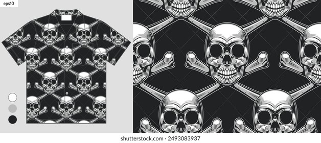 hawaiian shirt mockup with black skull comic seamless pattern background, street textile fashion, abstract texture, artwork for screen print clothes, handdraw illustration.
