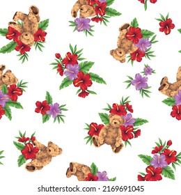 Hawaiian shirt pattern using cute bear and hibiscus,