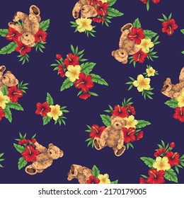Hawaiian shirt pattern using cute bear and hibiscus,
