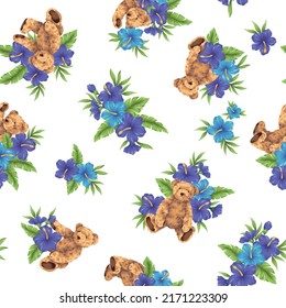 Hawaiian shirt pattern using cute bear and hibiscus,