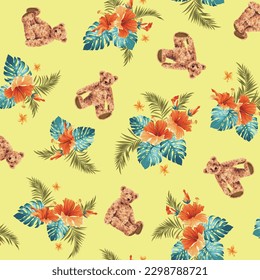 Hawaiian shirt pattern using cute bear and hibiscus,