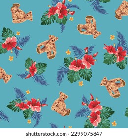 Hawaiian shirt pattern using cute bear and hibiscus,
