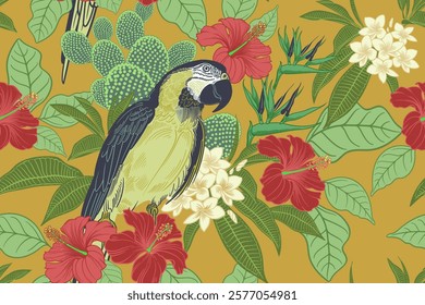 Hawaiian shirt style. Seamless floral pattern. Flower background. Bird Parrot , cacti, Turkish rose, plumeria. Vintage. Vector illustration. Aloha style. For textile, wallpaper, paper