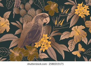 Hawaiian shirt style Seamless floral pattern. Parrot and flowers. Gold and black background. Bird, cacti, Turkish rose, plumeria. Aloha style. Vintage Vector illustration for textile, wallpaper, paper