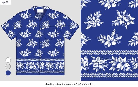 Hawaiian shirt vector pattern with hibiscus and leaf stripes, hand drawn floral design for fabric printing and beach fashion, seamless summer textile pattern, not made by AI