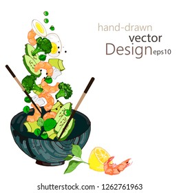 Hawaiian shrimp poke bowl with greens and vegetables and I am an egg, hand drawing, isolated on a white background. Menu design, copy space background. Vector graphics eps 10