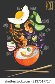 Hawaiian shrimp poke bowl with rice. Vector illustration