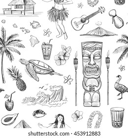 Hawaiian sketches on white background. Seamless vector pattern