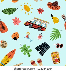Hawaiian stories cute seamless pattern on sky blue background. Exotic flowers, palm leaves, retro bus with surfboards on top, Tiki mask, shells, sunglasses, swimming trunks, flipflops, cap and ukulele