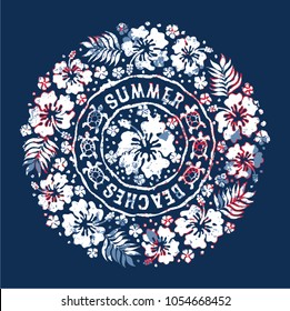 Hawaiian style badge with hibiscus flower and turtles, vector vintage print for girl or woman t shirt grunge effect in separate layer