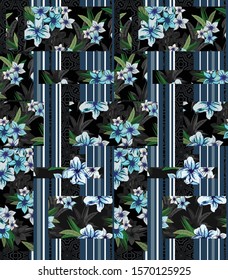 Hawaiian style beautiful seamless tropical floral pattern, spring summer background with tropical flowers and stripes.