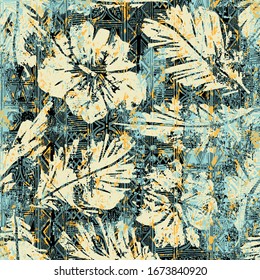 Hawaiian style hibiscus fabric with tribal background grunge abstract vector seamless pattern