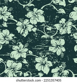 Hawaiian style hibiscus flowers wallpaper grunge vector floral seamless pattern