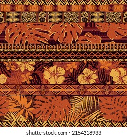 Hawaiian style hibiscus and tribal element fabric patchwork abstract vintage vector seamless pattern 