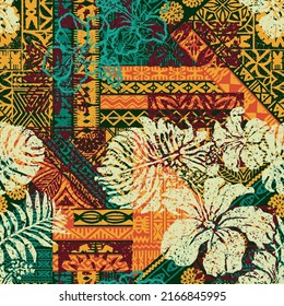 Hawaiian style hibiscus and tribal element fabric patchwork abstract vintage vector seamless pattern 