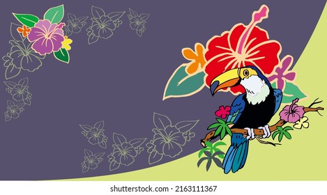 Hawaiian style Hornbill and flowers vector for card, decoration, illustration