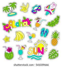 Hawaiian style patch set. Fashionable pins 80s-90s style. EPS 10 vector illustration.