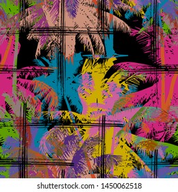 Hawaiian style - seamless pattern with tropical branches, the silhouette of coconut trees with a sunset background.