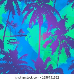 Hawaiian style - seamless pattern with tropical branches, the silhouette of coconut trees and fishing boat with a sunset background.