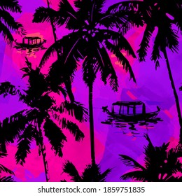 Hawaiian style - seamless pattern with tropical branches, the silhouette of coconut trees and fishing boat with a sunset background.