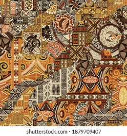 Hawaiian style tapa fabric patchwork abstract vintage vector seamless pattern 