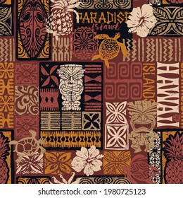 Hawaiian style tribal motif fabric patchwork abstract vintage vector seamless pattern 
