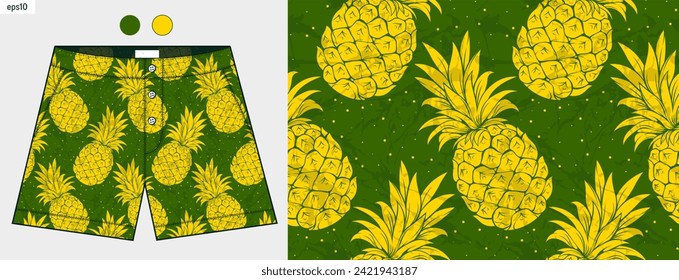 Hawaiianische Sommer-Mode, Ananas, Nahtlose Muster Hintergrund, Abstrakte Obstkunstwerke auf den Pants Mock up in Tropical Paradise, Screen Bekleidungssaison Thema.