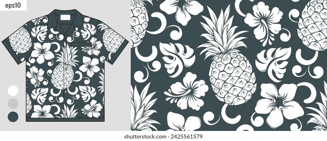 Hawaiian Summer Fashion, Pineapple Seamless Pattern background, Abstract Fruit Artwork on Short sleeve shirt Mockup, Tropical Screen clothes season theme.