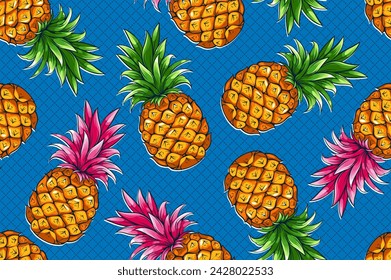 Hawaiian Summer Fashion, Pineapple Seamless Pattern background, Abstract Fruit, Tropical Paradise,  Artwork for Screen clothes season them, gift wrapping paper or bedsheet