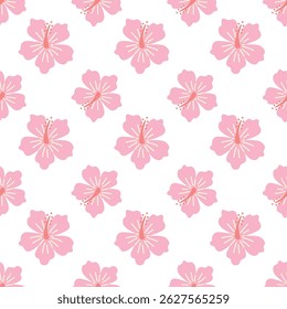 Hawaiian summer hibiscus flower pattern. Seamless tropical bloom design in pink. Perfect for beach vibes, fabric prints, and exotic themes.