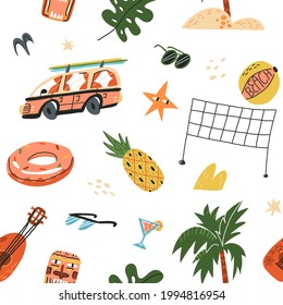 Hawaiian summer vacation seamless pattern for textile, fabric, wrapping paper print etc. Palm tree, retro bus with surfboards on top, Tiki mask, ukulele, sea star character and beach volleyball.