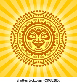 Hawaiian Sun sign in Polynesian style with rays on yellow background.