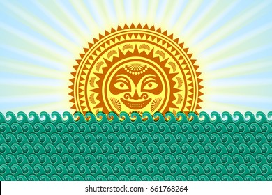 Hawaiian Sun sign in Polynesian style with sea waves and rays on blue background.