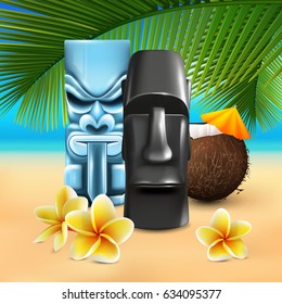 Hawaiian sunny beach illustration with cumbersome coconut and tin god images on colorful sandy seashore background vector illustration