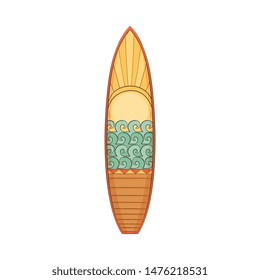 Hawaiian surf board with wave pattern vector illustration isolated on white background. Summer beach tropical vacation equipment for extreme sport.
