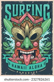 Hawaiian surf tour flyer colorful with tiki mask showing tongue inviting you to ride surfboard on ocean waves vector illustration