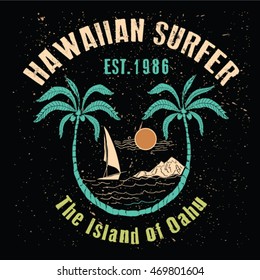 Hawaiian surfer .illustration for t-shirt print , vector illustration.