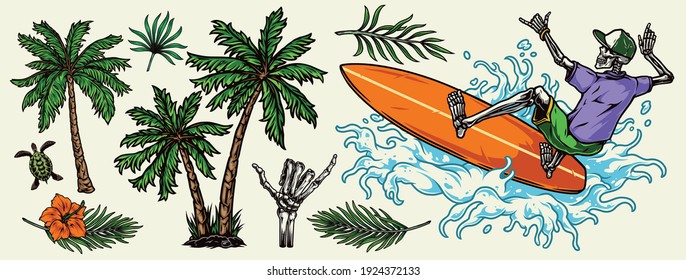 Concepto de elementos de color hawaiano y surfista con palmeras hojas tropicales hibiscus flor skeleton surfista ola de equitación y muestra el signo shaka ilustración vector aislado