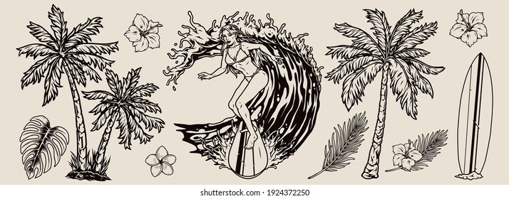 Elementos de surf hawaianos con flores tropicales y hojas palmeras surfean atractivas mujeres ola de equitación en vintage monocromo ilustración vectorial aislada