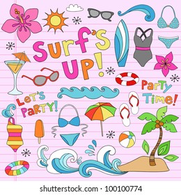 Hawaiian Surf's Up Summer Psychedelic Groovy Notebook Doodle Design Elements Set on Pink Lined Sketchbook Paper Background- Vector Illustration