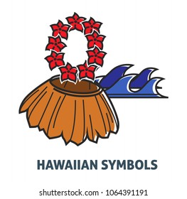 Hawaiian symbols promo poster with straw skirt and flower wreath