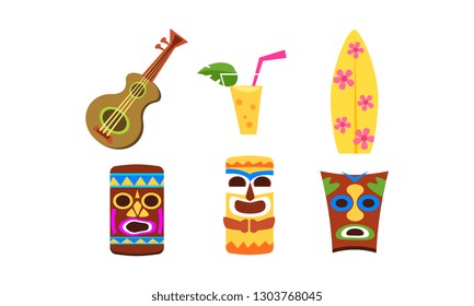 Hawaiian symbols set, summer vacation, summertime, beach holidays vector Illustration