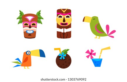 Hawaiian symbols set, summer vacation, Tropical resort, travel and exotic holidays vector Illustration