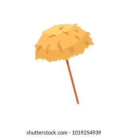 Hawaiian thatch tiki umbrella, sunshade, symbol of beach vacation, flat cartoon vector illustration isolated on white background. Cartoon thatch tiki umbrella for relaxation on the beach